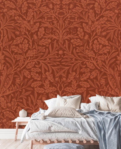 papel pintado con estampado de hojas victorianas de color naranja oscuro