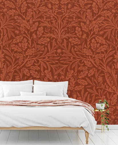 papel pintado con estampado de hojas victorianas de color naranja oscuro