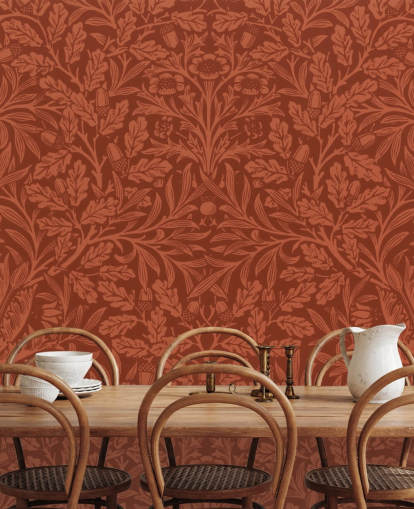 papel pintado con estampado de hojas victorianas de color naranja oscuro