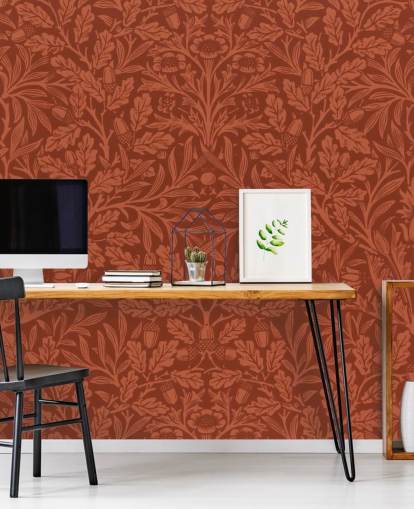 papel pintado con estampado de hojas victorianas de color naranja oscuro