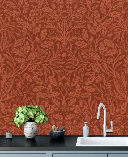 papier peint à motif de feuilles victoriennes orange foncé