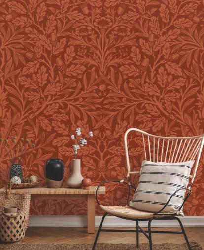 papier peint à motif de feuilles victoriennes orange foncé