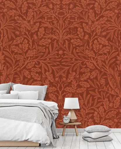 papel pintado con estampado de hojas victorianas de color naranja oscuro