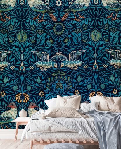 papel de parede vintage de pássaros e folhas azuis