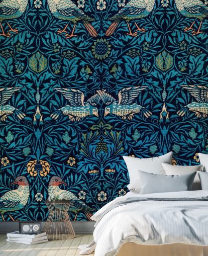 birds and blue leaves vintage wallpaper