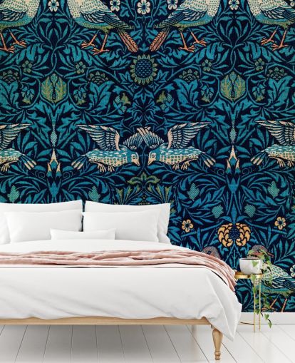 vogels en blauwe bladeren vintage behang