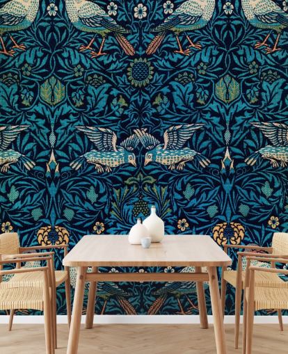 papel pintado vintage de pájaros y hojas azules