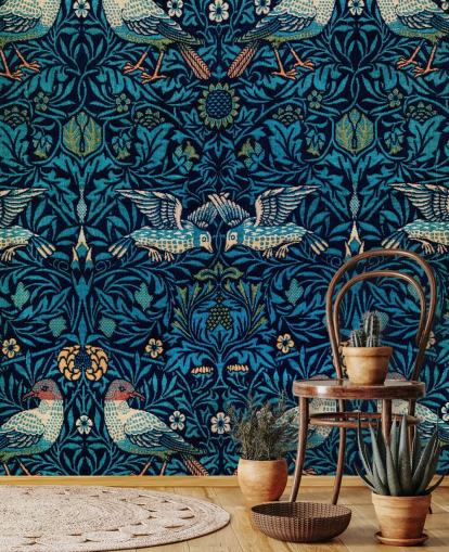 Vintage-Tapete mit Vögeln und blauen Blättern Vintage-Tapete mit Vögeln und blauen Blättern