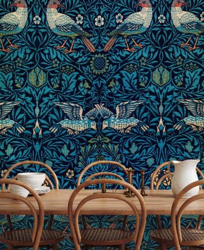 carta da parati vintage con uccelli e foglie blu