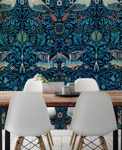 birds and blue leaves vintage wallpaper