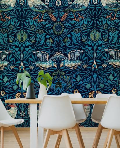 vogels en blauwe bladeren vintage behang