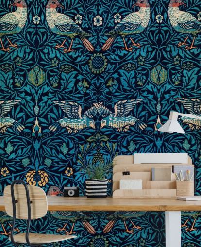 birds and blue leaves vintage wallpaper