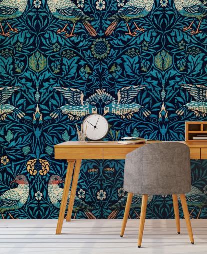 papel pintado vintage de pájaros y hojas azules