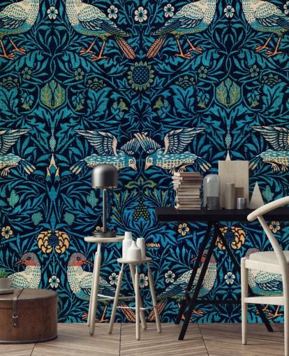 vogels en blauwe bladeren vintage behang vogels en blauwe bladeren vintage behang