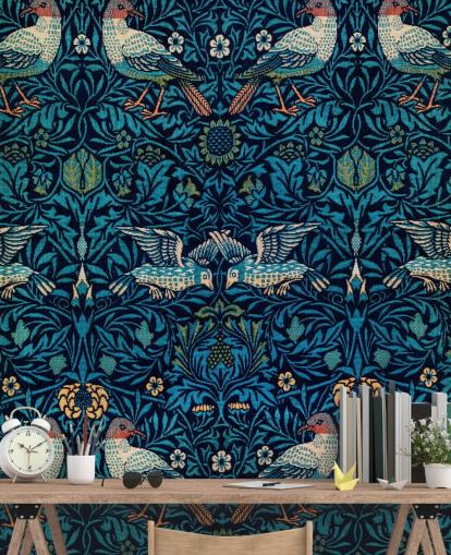 birds and blue leaves vintage wallpaper