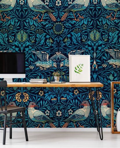 papel pintado vintage de pájaros y hojas azules