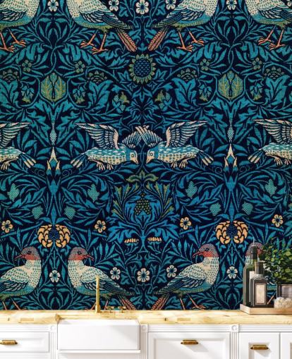 papel pintado vintage de pájaros y hojas azules papel pintado vintage de pájaros y hojas azules