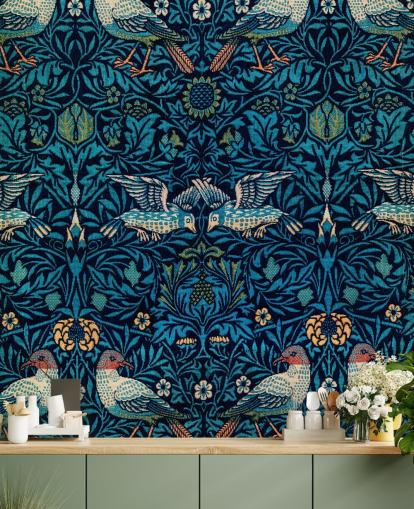 papel pintado vintage de pájaros y hojas azules