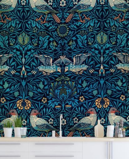 birds and blue leaves vintage wallpaper