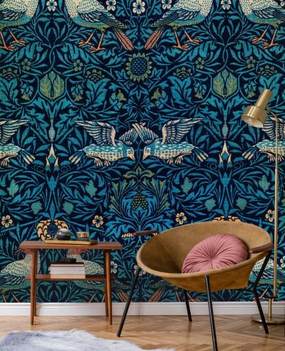 papel pintado vintage de pájaros y hojas azules