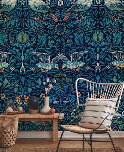 carta da parati vintage con uccelli e foglie blu