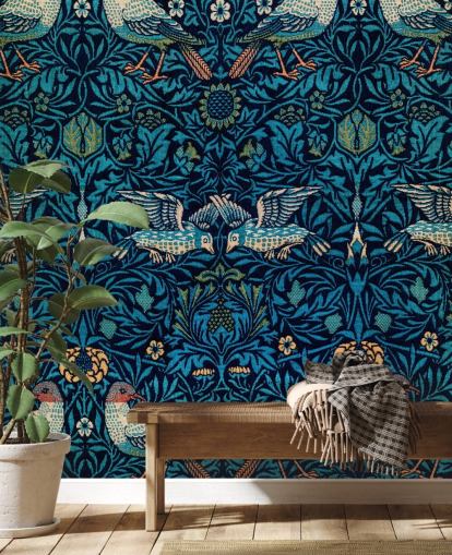 birds and blue leaves vintage wallpaper