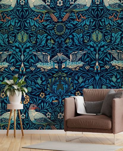 papel pintado vintage de pájaros y hojas azules papel pintado vintage de pájaros y hojas azules