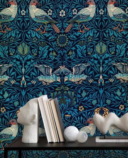 papel pintado vintage de pájaros y hojas azules
