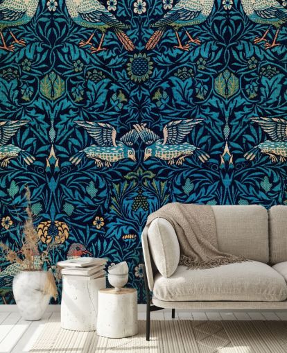 papel de parede vintage de pássaros e folhas azuis