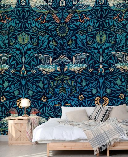 papel de parede vintage de pássaros e folhas azuis