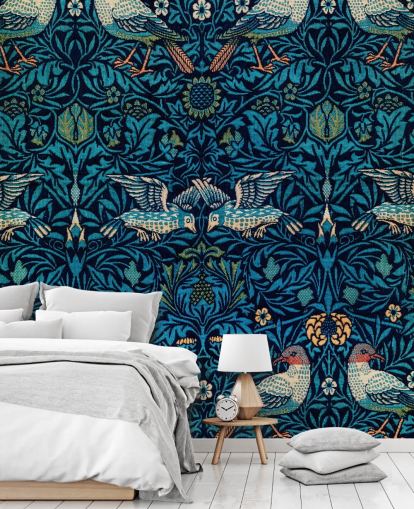 papel pintado vintage de pájaros y hojas azules papel pintado vintage de pájaros y hojas azules