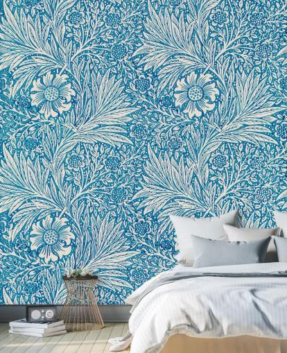 papel de parede floral vintage azul e branco