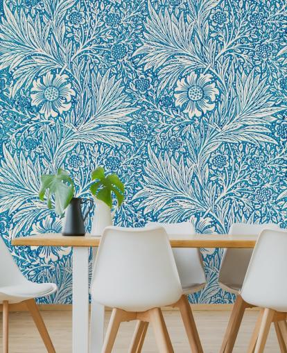papel de parede floral vintage azul e branco