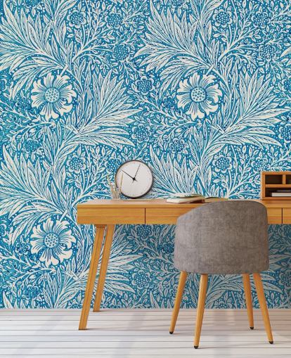papel de parede floral vintage azul e branco