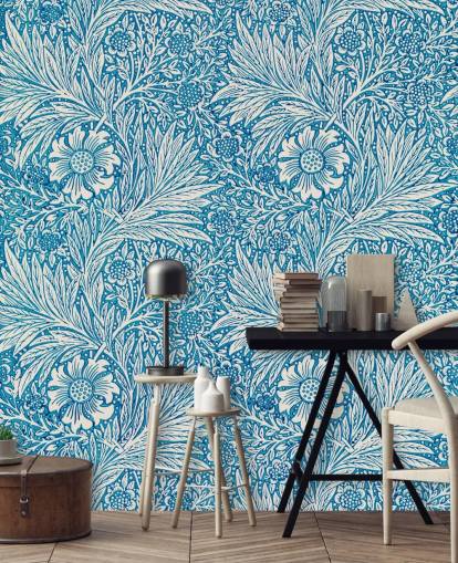 papel de parede floral vintage azul e branco