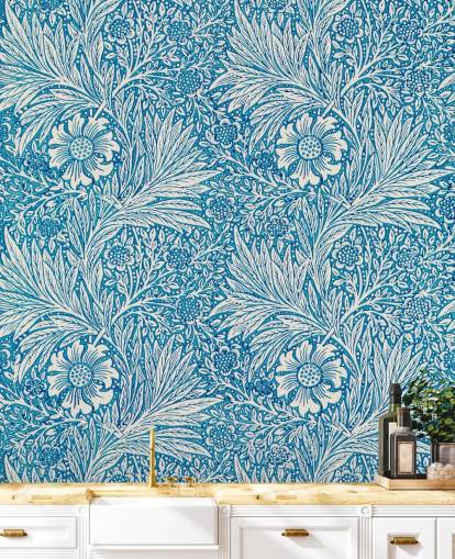 papel de parede floral vintage azul e branco