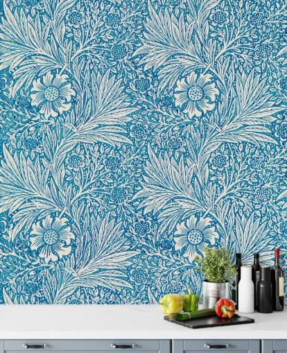 papel pintado floral vintage azul y blanco