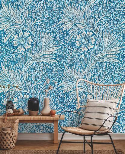 papel de parede floral vintage azul e branco