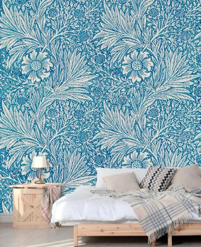 blå og hvit vintage floral tapet