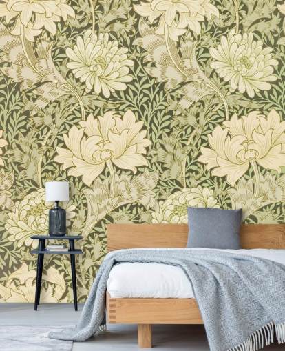 groen en gebroken wit vintage bloemenbehang