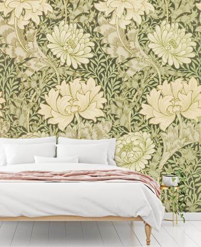 green and off-white vintage flowers wallpaper