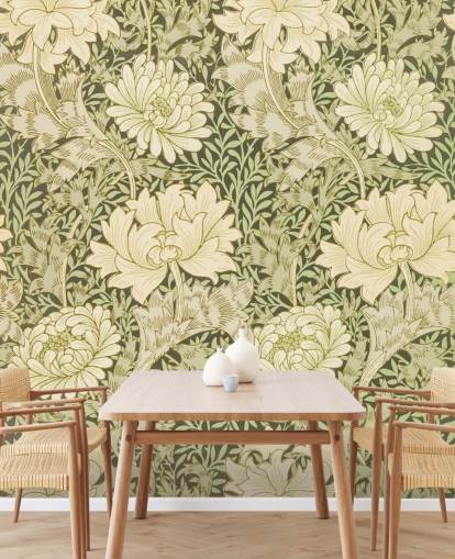 green and off-white vintage flowers wallpaper