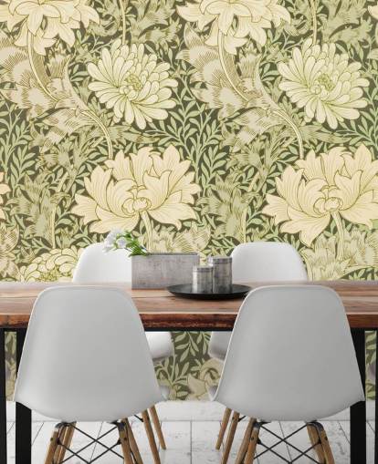 grüne und cremefarbene Vintage-Blumen-Tapete