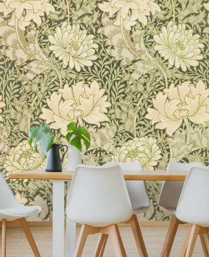 papel pintado de flores vintage verdes y blanquecinas