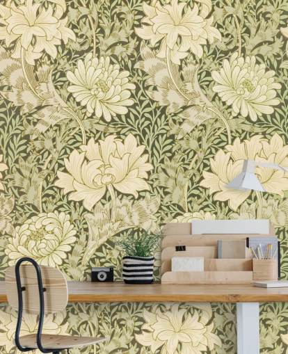 papier peint fleurs vintage vert et blanc cassé