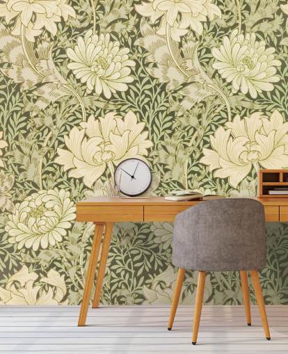 groen en gebroken wit vintage bloemenbehang