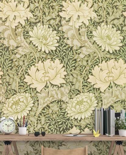 papier peint fleurs vintage vert et blanc cassé