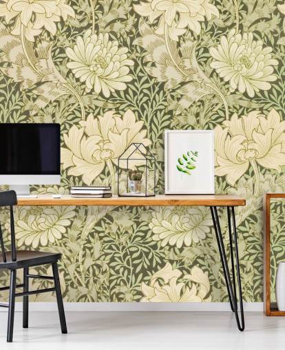 green and off-white vintage flowers wallpaper
