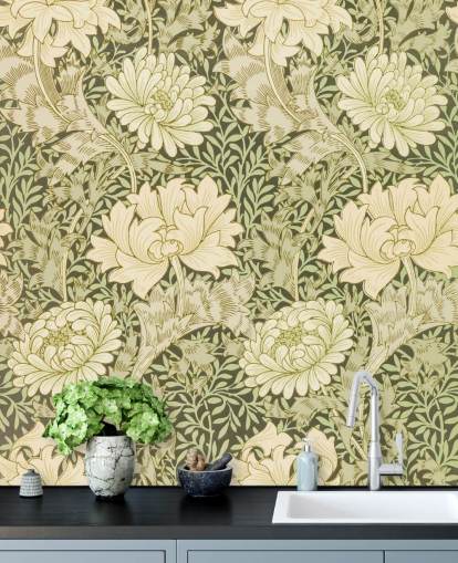 gröna och benvita vintage blommor tapeter