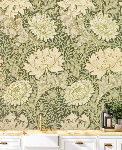 papel pintado de flores vintage verdes y blanquecinas